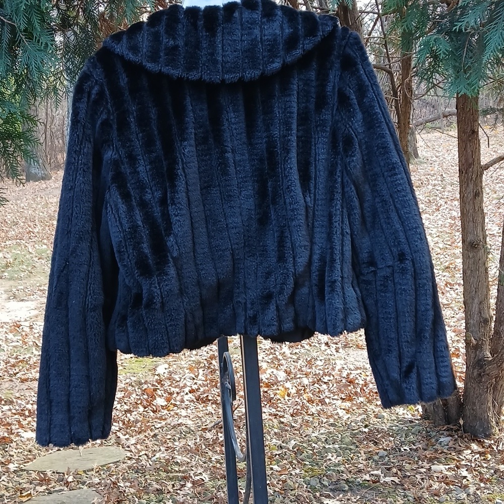 I. C. E. Black faux fur beautiful dinner jacket Sz L, mob wife old money - Picture 8 of 12